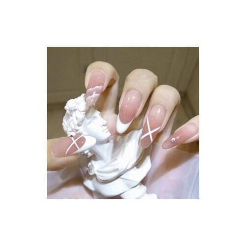 24pcs Pearl Inlaid Nail Patch Round Head Glue Type Removable Long Paragraph Fashion Manicure Save Time False Nail Nail Art