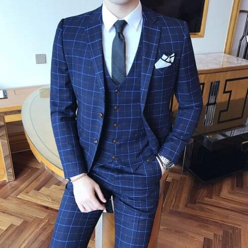 Jacket + Vest + Pants) 2021 New Male Groom Blue Plaid Slim Wedding Tuxedo 3-piece Set Mens Social Formal Mariage Dress Terno