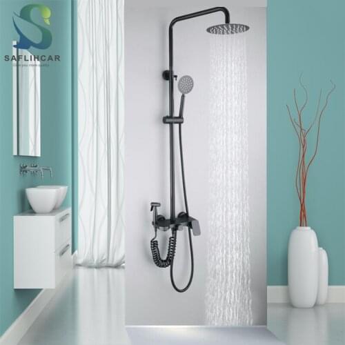SAFLIHCAR Stainless Steel Black Shower Set Four Functions Bathroom Hot and Cold Mixer Taps Surface Wall Mount Shower Faucet