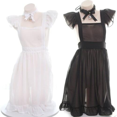 Allure Mesh French Maid Uniform Bedroom Sexy Aprons For Girl Women Couples Cosplay Funny Long Dress Apron Bar Work Black White
