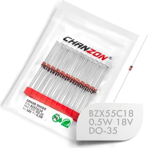 100 Pcs) BZX55C18 BZX55C18V (1N5248B) Zener Diode 0.5W 18V DO-35 (DO-204AH) 0.5 Watt 18 Volt IN5248B 1N5248