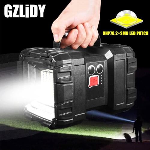 Super Bright XHP70.2 LED Searchlight Double Head LED Flashlight with USB Input & Output Function Camping Light Warning Lamp