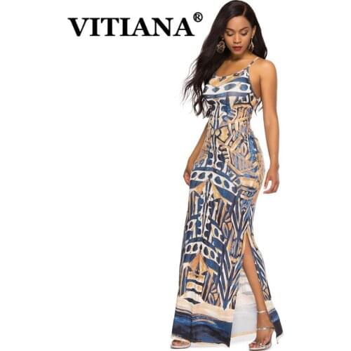 VITIANA Women Sexy Long Beach Dress Summer 2019 Female Sleeveless Backless Geometric Pencil Bodycon Dresses Ladies Vestidos