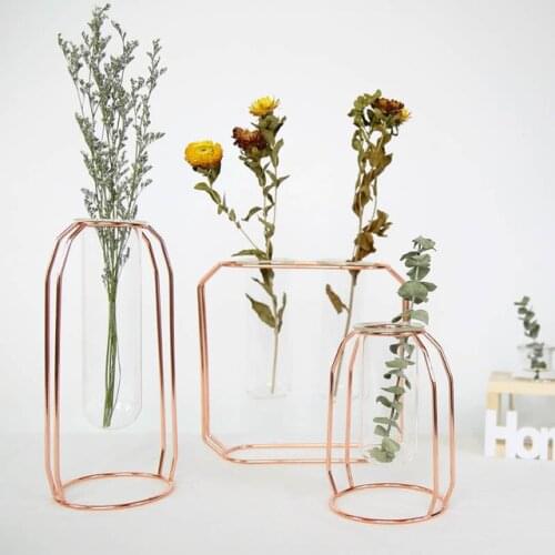 Iron Art Glass Flower Pot Tabletop Vase Rose Gold Hanging Test Tube Flower Vases Home Decoration Desk Flowerpots Drop Shipping