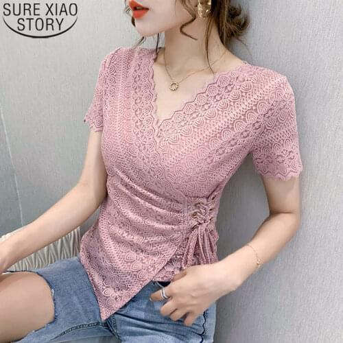 2021 Summer Lace Blouse Women Short Sleeve Shirts New Sexy V-neck Lanyard Shirt Fashion Floral Blouse Women Tops Blusas 13432