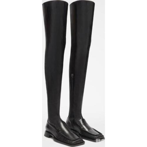 Dipsloot New Gold Bronze Black Beige Pleated Square Toe Over The Knee Flat Boots Woman Elastic Slim Tube Long Slim Knight Boots