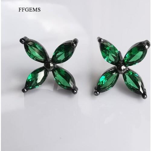 FFGems luckly four leaf clover Sterling Silver 925 earrings Created Nano Emerald green gemstone For Women Gift Fine Jewelry box