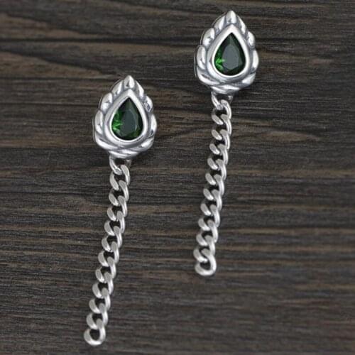 FNJ Waterdrop Earrings 925 Silver 100% Pure Original S925 Silver Sterling Drop Earring for Women Jewelry Tassel Green Zircon