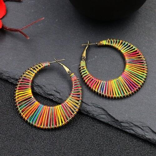 2020 Women Hollow Big Round Circle Hoop Earring Rainbow Raffia Winding Handmade Statement Earring Fashion Summer Jewelry Gifts