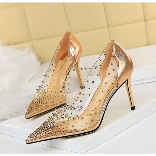 2021 Women 8.5cm High Heels Wedding Bridal Tacons Pumps Lady Crystal Rivet Diamond Fetish Scarpins Stripper Transparent Shoes