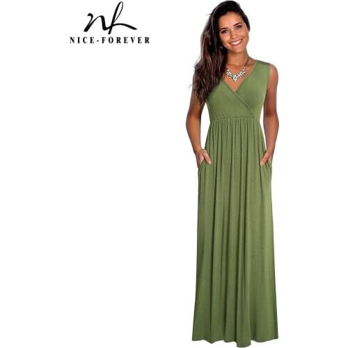 Nice-forever Summer Women Classic Pure Color Sleeveless Dresses Casual Flare Maxi Dress 1btyA162