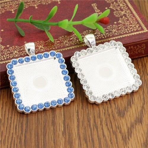 5pcs 25mm Inner Size Bright Silver Plated Transparent and Blue Rhinestone Square Style Cameo Cabochon Base Setting Pendant