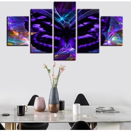 Canvas Pictures Living Room Decor 5 Pieces Purple Butterfly Paintings HD Prints Animal Abstract Posters Modular Wall Art Frame