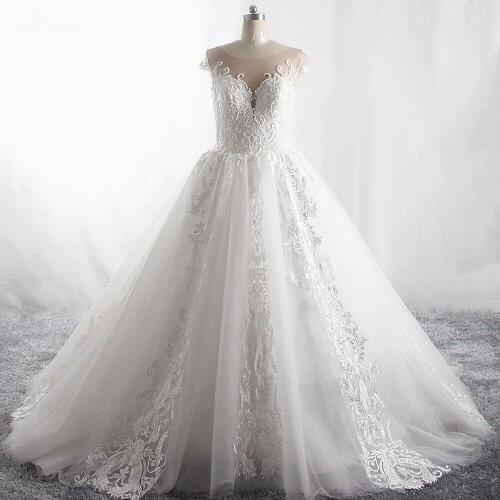 LZ409 Elegant Lace Ivory Pearls Wedding Dress Long Train Princess Gown Vestido De Noiva Plus size