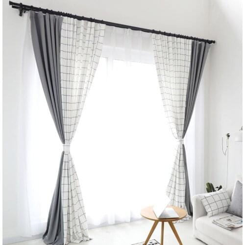 European Plaid Window Curtain for Living Room White Grey Splicing Modern Curtain 75-85% Shading Blackout Curtain for Bedroom