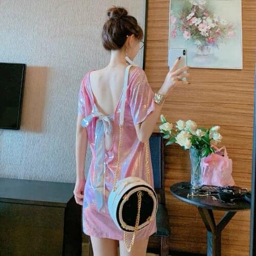 Summer Glittering Bright Top Mid-length Women Tees Y2k Kawaii Sexy Halter Shirt Back Bow Short-sleeved T-shirt