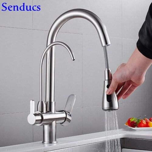 Senducs Brushed Pull Down Filter Kitchen Faucet Quality Brass Kitchen Sink Faucet Chrome Black Pull Out Kitchen Mixer Tap