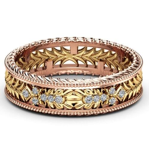 Milangirl Popular Gold Plated Color Two-tone Hollow Craved Pattern Womens Ring for Party Jewelry Accessories Size 6-10