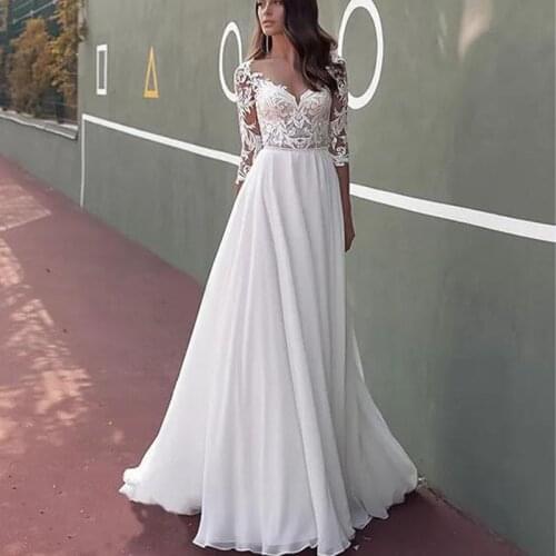 Hot Sale 3/4 Sleeves Bohemian Chiffon Beach Wedding Dress Backless Gelinlik Vestido De Noiva Robe De Mariee Dubai Arabic
