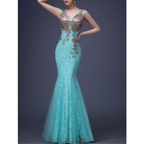 2021 New Lace Evening Mermaid Sleeveless Tulle Formal Double V-neck Robe De Soriee Floor-length Party Prom Gown Elegant Women