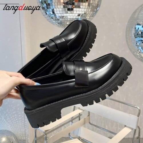 2021 New Boussac Black Punk Platform Women Loafers Round Toe Chunky Heel Vintage Shoes Women Slip on High Heel Women Pumps