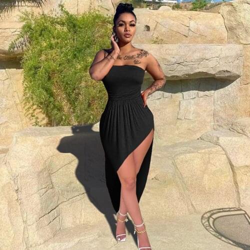 2021 Famous Elegant Design Dress Solid Ruched Slash Neck Strapless Summer Casual Maxi Dress Vestidos