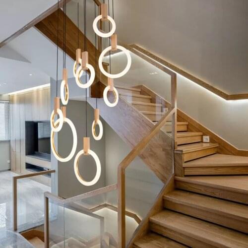 Modern LED Chandelier ceiling living room Wooden lighting Acrylic Ring fixtures stairs deco hanging lights dining pendant lamps
