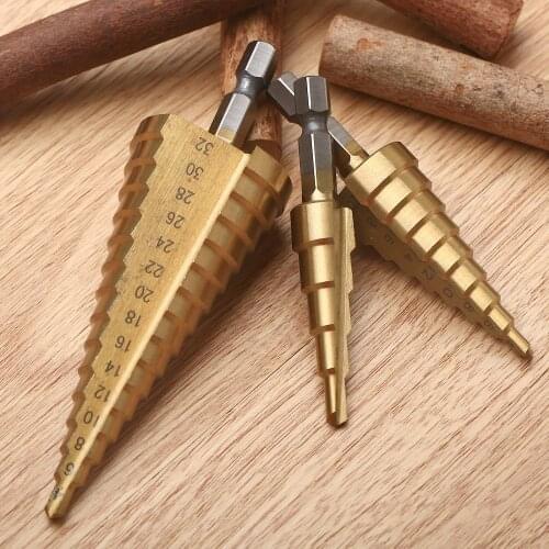 3Pcs 4-12mm/4-20mm/4-32mm Hole Cutter Tool HSS Steel Step Cone Titanium Coated Drill Bit Set 1/4" Hex Shank Woodworking Tools