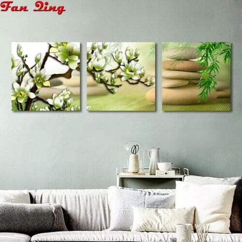 Triptych 5D Diy Diamond Painting Orchid Bamboo Leaf Embroidery Full Square Round Rhinestone Cross Stitch Home Decoration