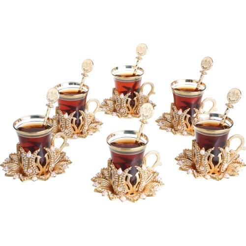 Turkish Green Tea Glasses and Saucers Stones with Swarovski Decorated Set of Home Decor Crystals and Pearl English Arabic Tea Cups