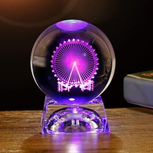 Rotating Round Crystal Ball 3D Engraved Craft Home Gift Table Lamp Ornament with Base Valentine Birthday Gift