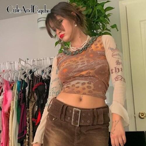 Harajuku Print y2k Mesh Crop Tops Women Streetwear Lace Patchowrk Khaki Aesthetic Shirts Skinny Fashion Tees Cloth Cuteandpsycho