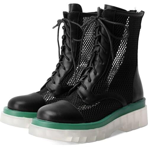 Leather Thick-Soled Womens Martin Boots Round Toe Mesh Flat Shoes Cross Tied Mixed Colors Wild Breathable Hollow Mujer Net Boot