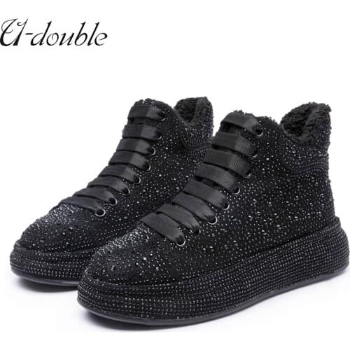 U-DOUBLE Brand 2021 New Winter Women Boots Rhinestone Shiny Warm Sneakers Big Size 43 Female Ankle Boots Fashion Platform Flat