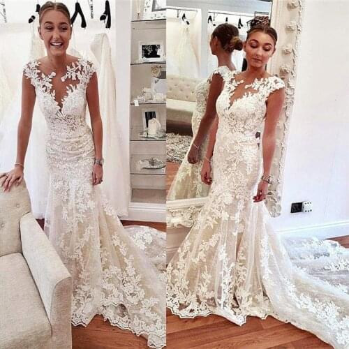 Modest Lace Appliques Slim Mermaid Wedding Dresses Natural Slim Bridal Gowns Custom Made Formal Trumpet Robe De Novia