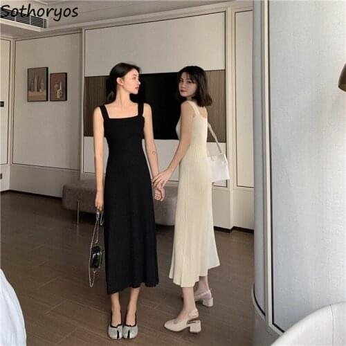 Women Sleeveless Dress Casual Solid Tank Knitting Slim Elegant Korean Style Fashion Square Collar Sexy Summer High Quality Chic