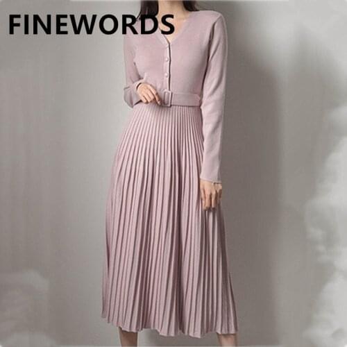 FINEWORDS Korean Chic V Neck Pink Knitted Dress With Belt Winter Slim Elegant Pleated Dress Autumn Long Sleeve Ladies Dresses