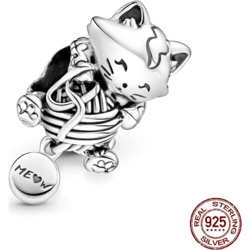 2021 New 100%Real 925 Sterling Silver Cat shape Charm&Beas Fit Original 3mm Bracelet&Bangle Women Birthday Fashion Jewelry Gift