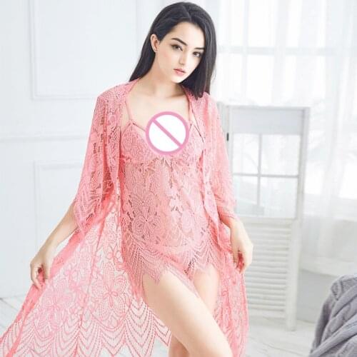 5 Color New Arrival Fashion Women Floral Lingerie Sexy Lace Hollow Deep V Erotic Transparent Belt Slim Robe Sleepwear Slips Set