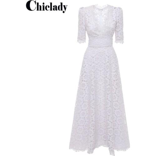 CHICLADY white maxi dress deep v-neck elegant hollow out lace luxury high quality dresses for women evening long robe festival