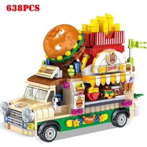 City Hamburger Store Ice Cream Shop Food Truck Model Vehicle Micro Building Blocks Mini Friends Bricks Children Educational Toys