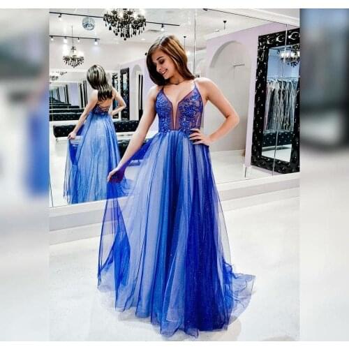 Vkbridal V-Neck Long Royal Blue Prom Dresses A-Line Tulle Beaded Party Dresses Zipper Back Formal Evening Gowns