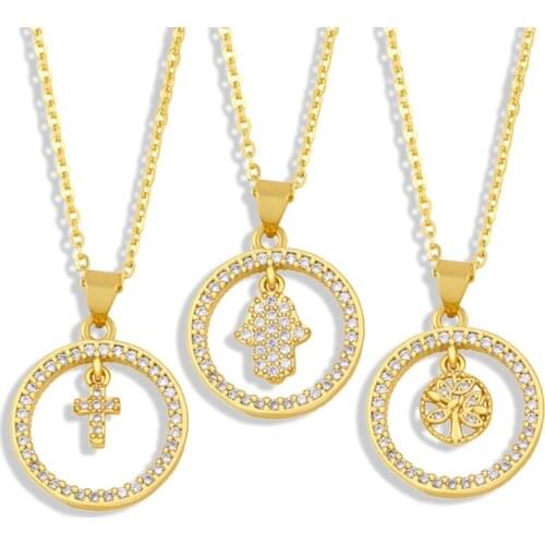 FLOLA Copper CZ Cross Fatima Hand Necklace White Stone Gold Short Chain Pendant Necklace Girls Jewelry nkey19