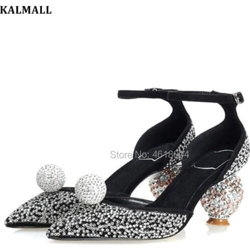 KALMALL Bridal Wedding Shoes Luxury Crystal Strange Heel Sandals Pointed Toe Diamonds Heels Ankle Strap Rhinestone Sandals Party