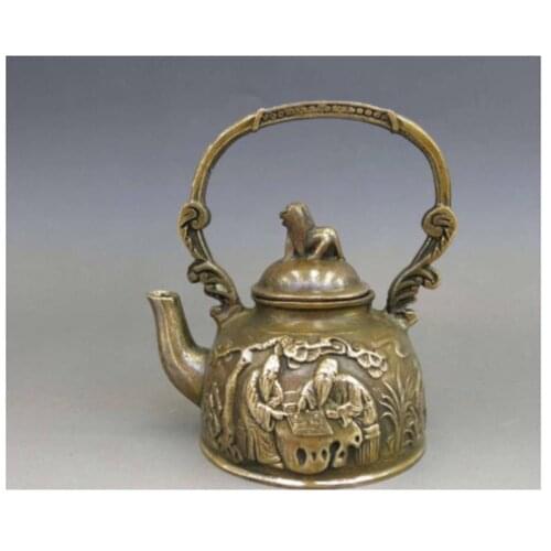 Chinese Brass Copper Carven Dog 2 Old Man chess pattern water teapot teakettle