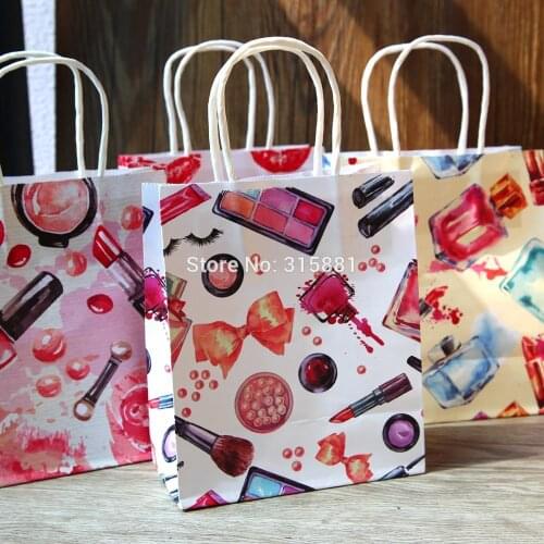 Kraft paper Bag, Cosmetic Pattern Printing Paper Bags With Handle,Wedding Decoration Paper Gift Bag 10pcs/lot