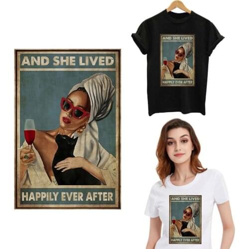 Red wine Drink Girls Heat Transfer Patch Stripes Applique Thermo Stickers On Cothes Iron On Transfers For Clothing Custom