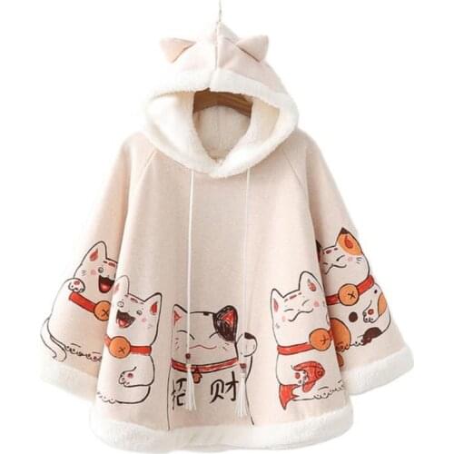 Cloak Jacket Women 2020 Winter Cartoon Cat Print Cute Hooded Coat Batwing Sleeve Thick Plus Velvet Outwear For Teenage Girls