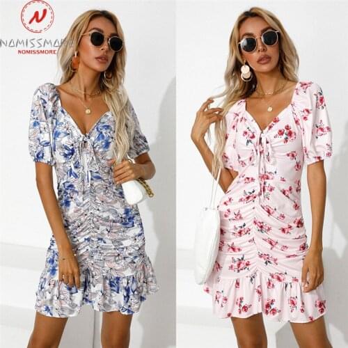 Fashion Women Summer Print A-Line Dress Shrinkage Design Ruffles Bandage Decor V-Neck Short Sleeve Mid Waist Slim Mini Dress