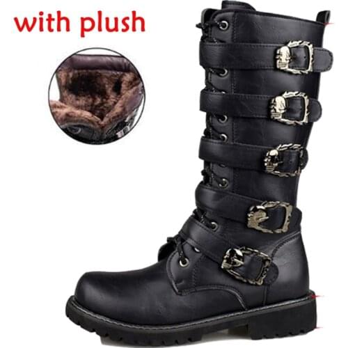Men Motorcycle Boots warm Fashion Mid-Calf Punk Rock Punk Shoes Men Leather Black High top Casual Boots Men Safety work Shoes